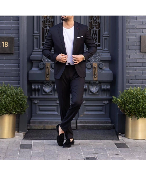 Erkek Dar Kesim Spor Takım Elbise -Siyah