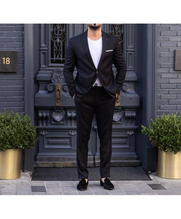 Erkek Dar Kesim Spor Takım Elbise -Siyah