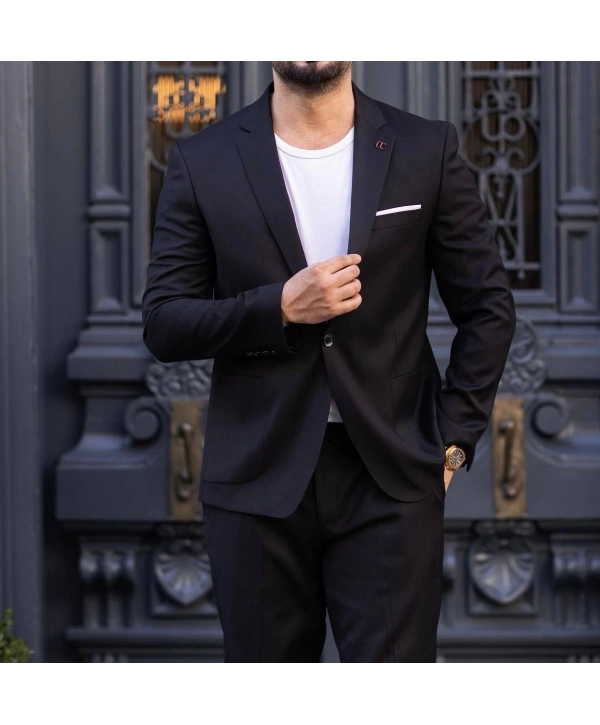 Erkek Dar Kesim Spor Takım Elbise -Siyah