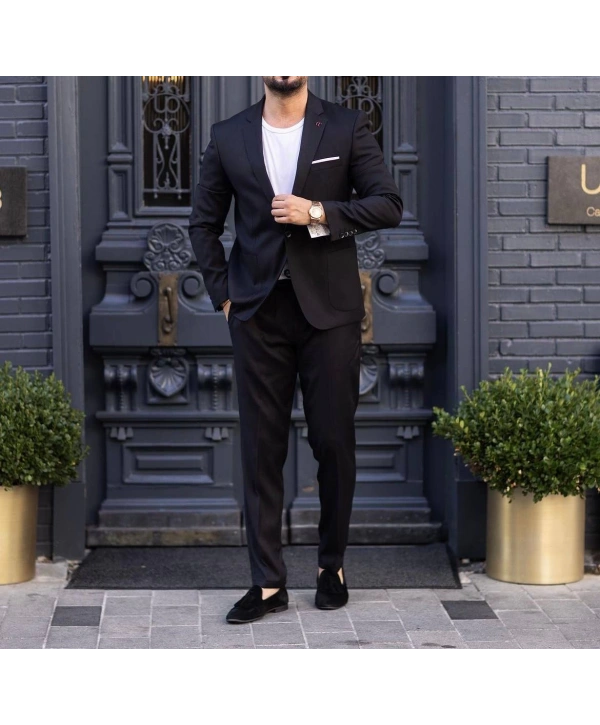 Erkek Dar Kesim Spor Takım Elbise -Siyah