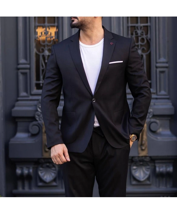 Erkek Dar Kesim Spor Takım Elbise -Siyah