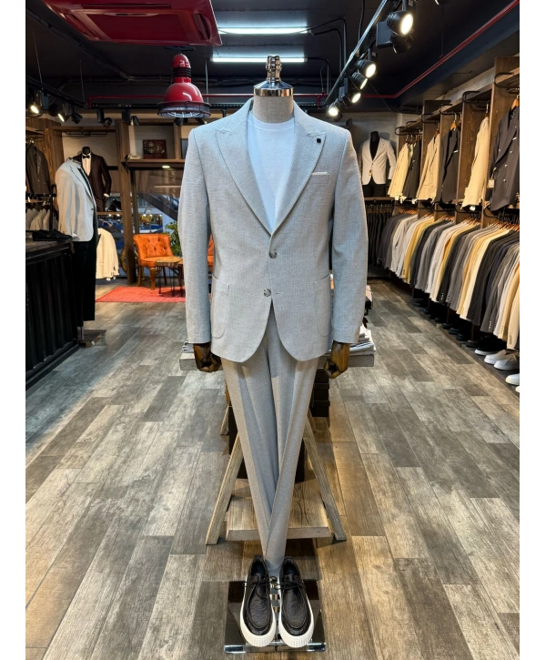 Erkek Dar Kesim Torba Cep Çift Dügme Takım Elbise-Gri