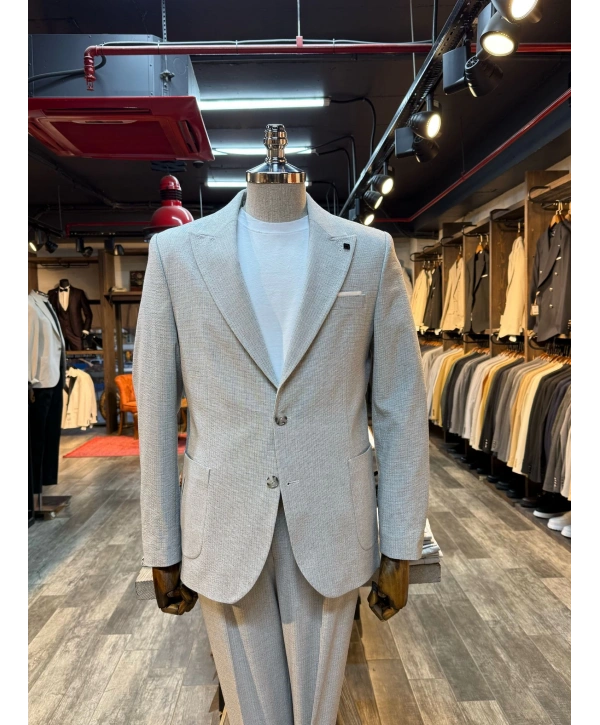 Erkek Dar Kesim Torba Cep Çift Dügme Takım Elbise-Gri