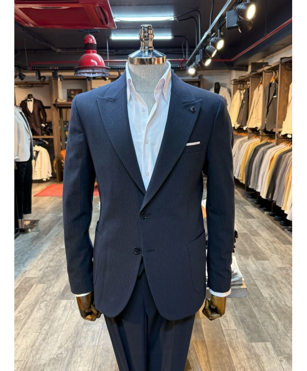 Erkek Dar Kesim Torba Cep Çift Dügme Takım Elbise-Lacivert