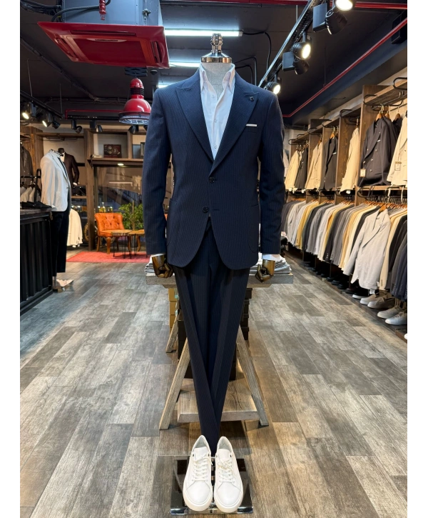 Erkek Dar Kesim Torba Cep Çift Dügme Takım Elbise-Lacivert