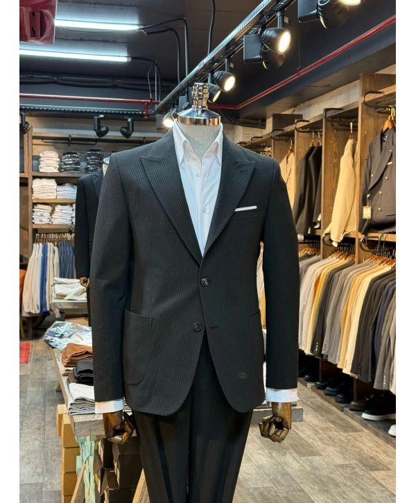 Erkek Dar Kesim Torba Cep Çift Dügme Takım Elbise-Siyah