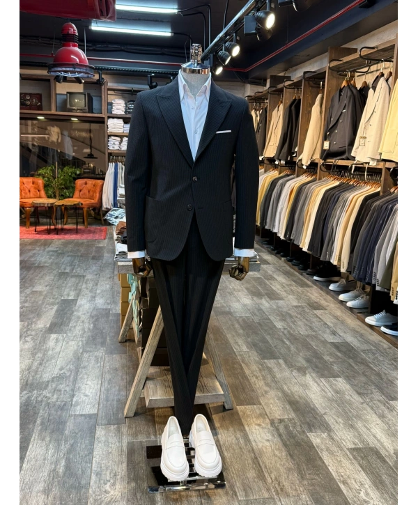 Erkek Dar Kesim Torba Cep Çift Dügme Takım Elbise-Siyah