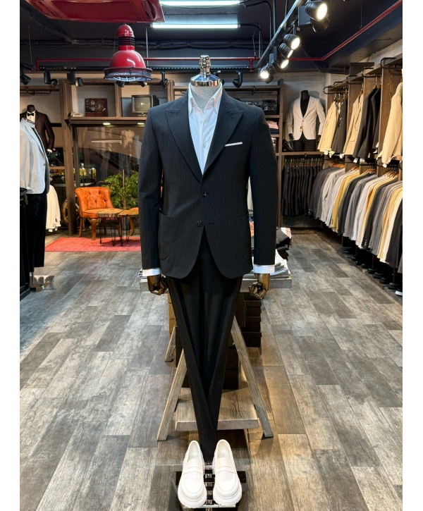 Erkek Dar Kesim Torba Cep Çift Dügme Takım Elbise-Siyah