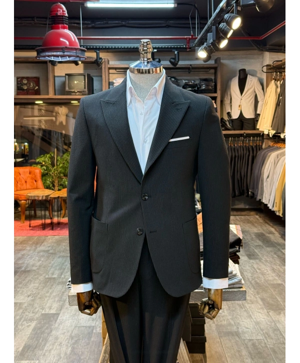 Erkek Dar Kesim Torba Cep Çift Dügme Takım Elbise-Siyah