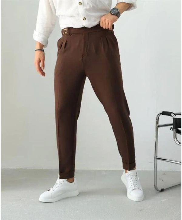 Erkek Dar Kesim Yüksek Bel Pileli Duble Paça Keten Pantolon-Kahve