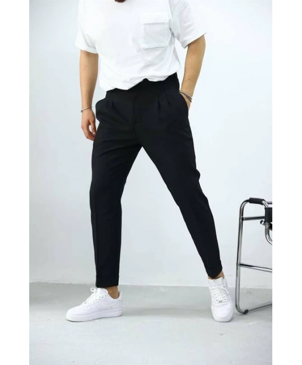 Erkek Dar Kesim Yüksek Bel Pileli Duble Paça Keten Pantolon-Siyah