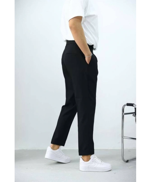 Erkek Dar Kesim Yüksek Bel Pileli Duble Paça Keten Pantolon-Siyah