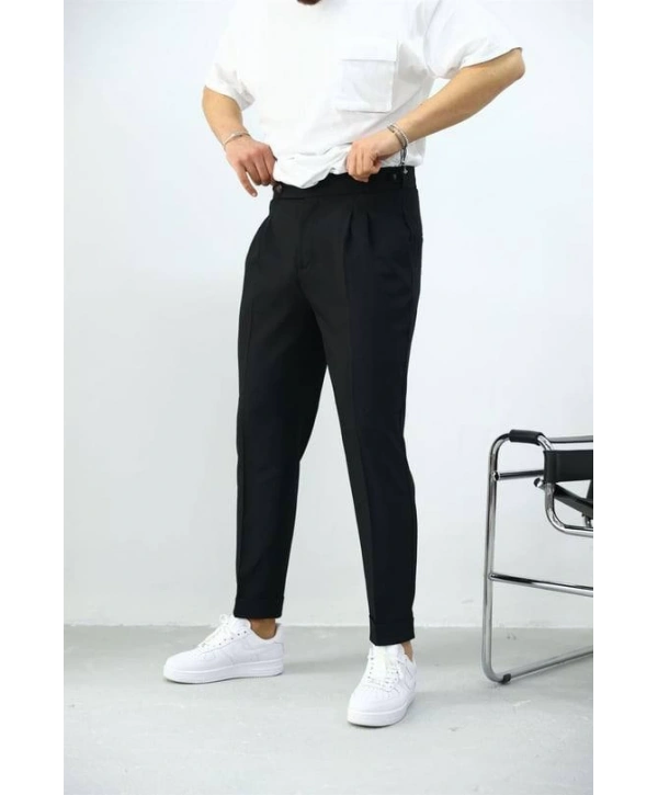Erkek Dar Kesim Yüksek Bel Pileli Duble Paça Keten Pantolon-Siyah