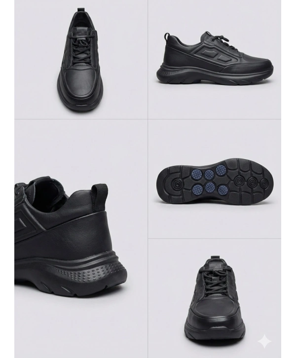 Erkek Deri Akıllı Taban Snekars Ayakkabı- Siyah