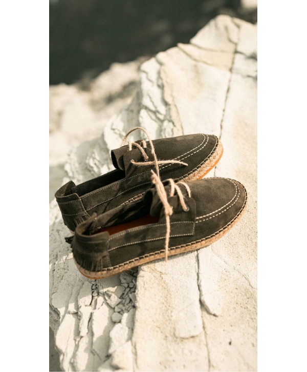 Erkek Deri Bağıcıklı Espadril Ayakabbı -Haki