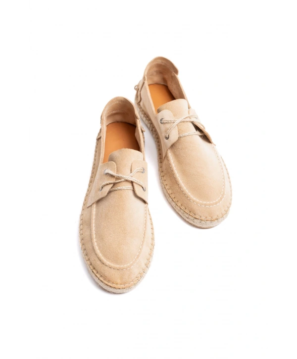 Erkek Deri Bağıcıklı Espadril Ayakabbı -Krem