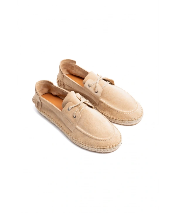 Erkek Deri Bağıcıklı Espadril Ayakabbı -Krem