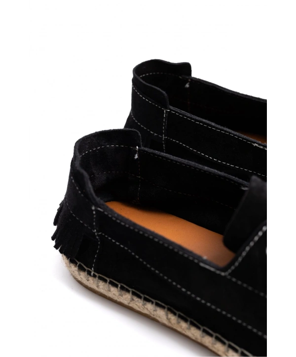 Erkek Deri Bağıcıklı Espadril Ayakabbı -Siyah