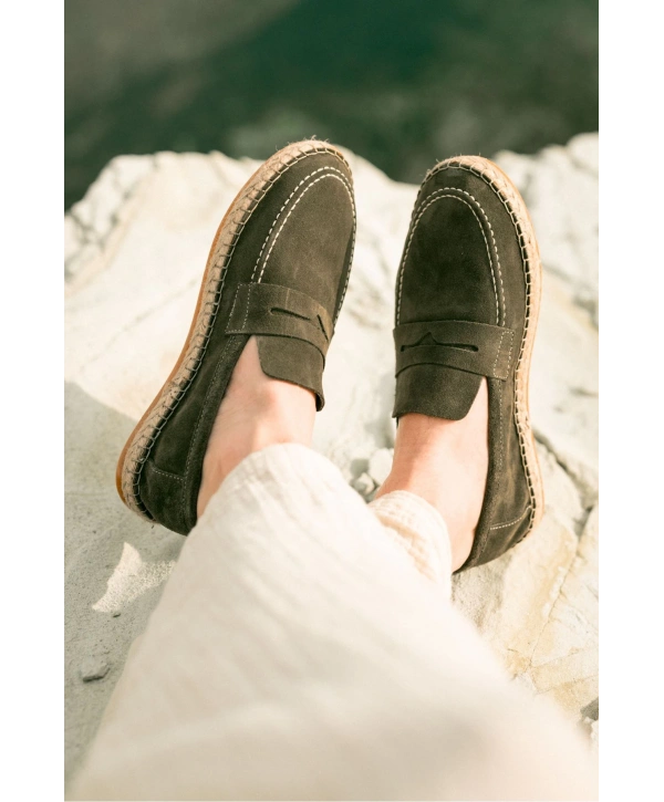 Erkek Deri Bağıcıksız Espadril Ayakabbı -Haki