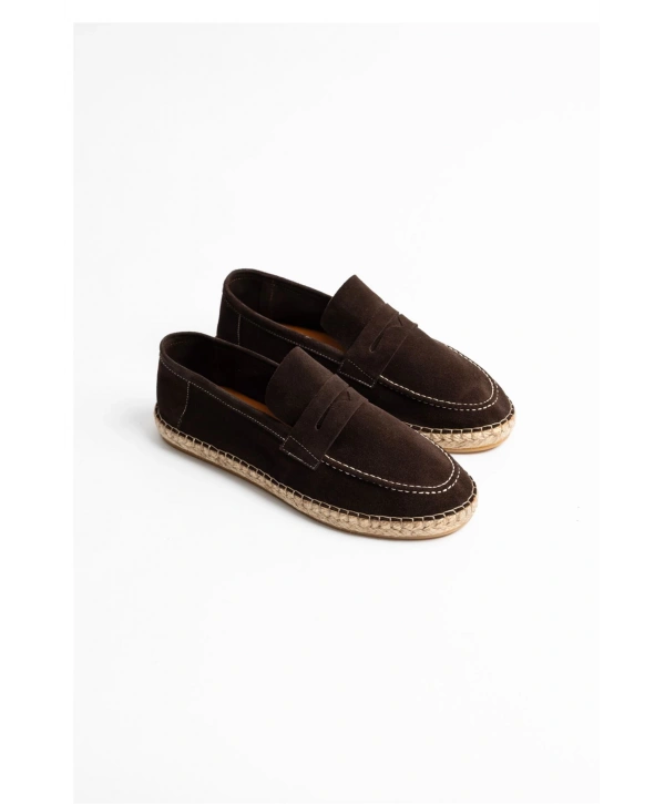 Erkek Deri Bağıcıksız Espadril Ayakabbı -Kahverenği