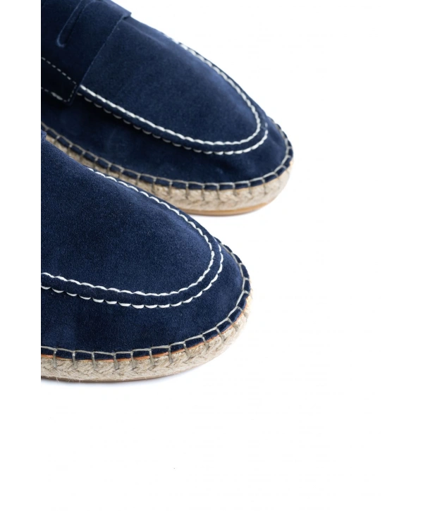 Erkek Deri Bağıcıksız Espadril Ayakabbı -Lacivert