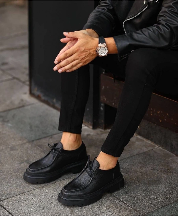 Erkek Deri Eva Taban Bağçıklı Ayakkabı-Siyah