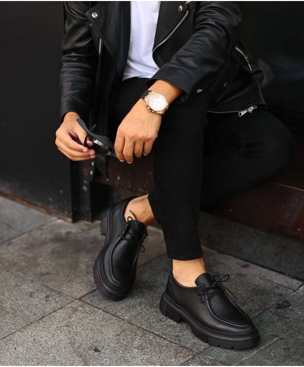 Erkek Deri Eva Taban Bağçıklı Ayakkabı-Siyah