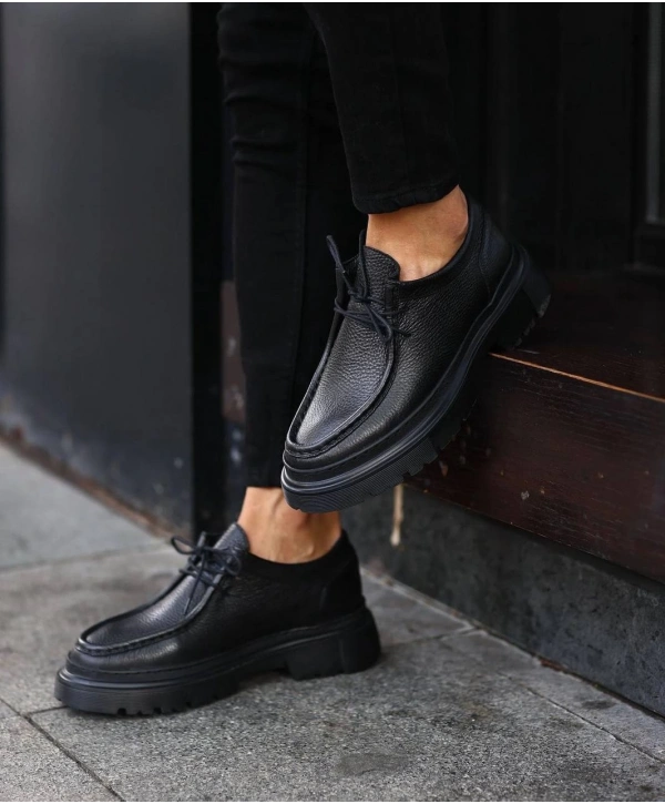 Erkek Deri Eva Taban Bağçıklı Ayakkabı-Siyah