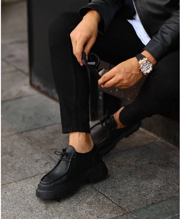 Erkek Deri Eva Taban Bağçıklı Ayakkabı-Siyah