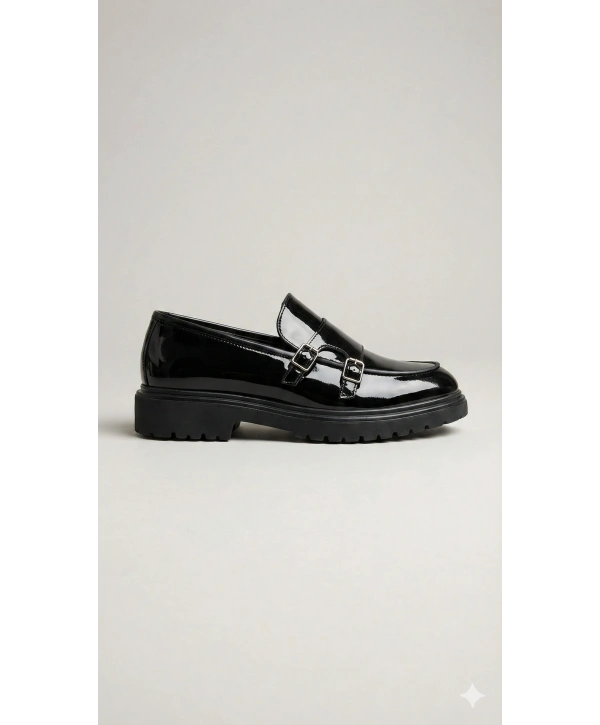 Erkek Eva Taban Bağcıksız Tokalı Klasik Rugan Ayakkabı- Siyah