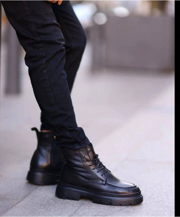 Erkek Eva Taban Deri Bağcıklı Bot - Siyah