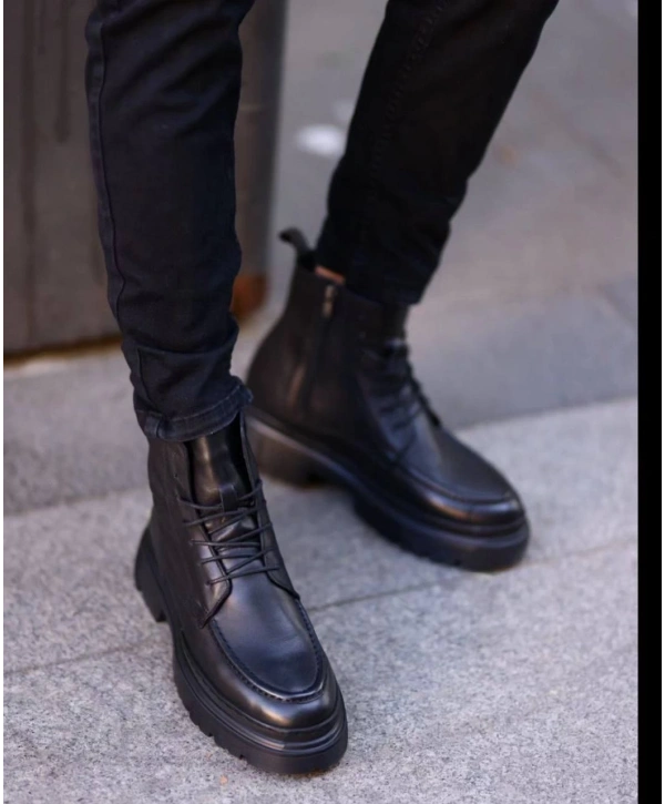 Erkek Eva Taban Deri Bağcıklı Bot - Siyah