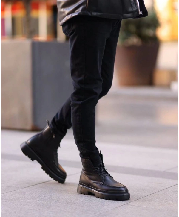 Erkek Eva Taban Deri Bağcıklı Bot - Siyah