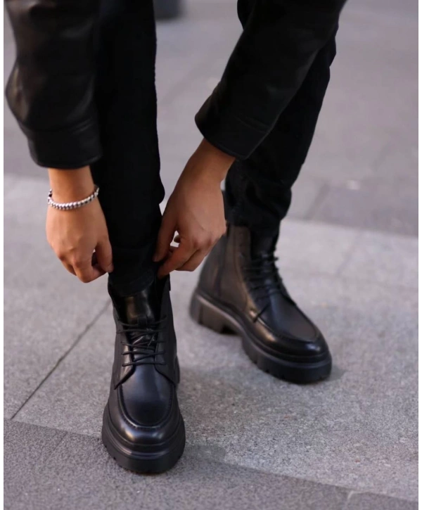 Erkek Eva Taban Deri Bağcıklı Bot - Siyah