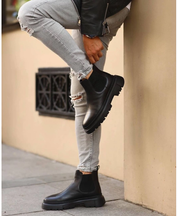 Erkek Eva Taban Deri Bağcıksız Chelsea Bot - Siyah