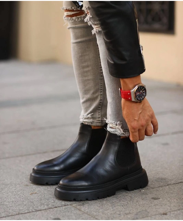 Erkek Eva Taban Deri Bağcıksız Chelsea Bot - Siyah