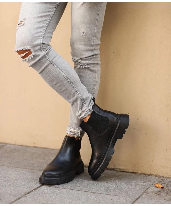 Erkek Eva Taban Deri Bağcıksız Chelsea Bot - Siyah