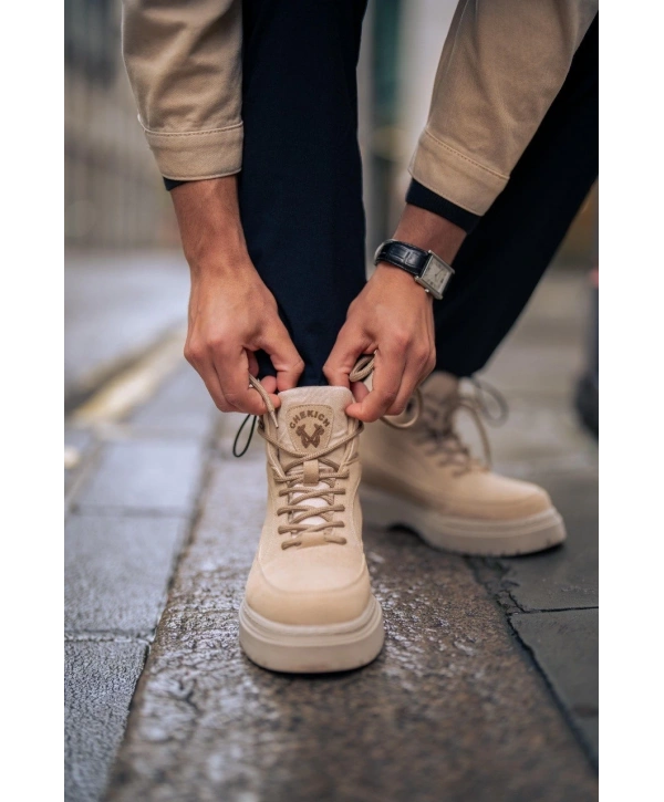 Erkek Eva Taban Su Geçirmez Bağcıkllı Kışlık Süet Bot- Krem