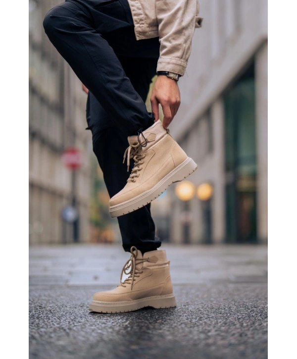 Erkek Eva Taban Su Geçirmez Bağcıkllı Kışlık Süet Bot- Krem