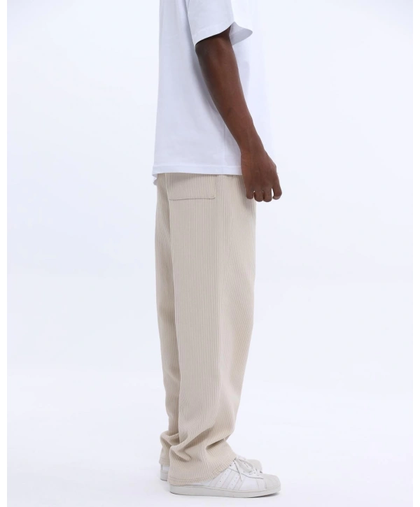 Erkek Fitilli Beli Lastikli Likralı Bagy Pantolon-Krem
