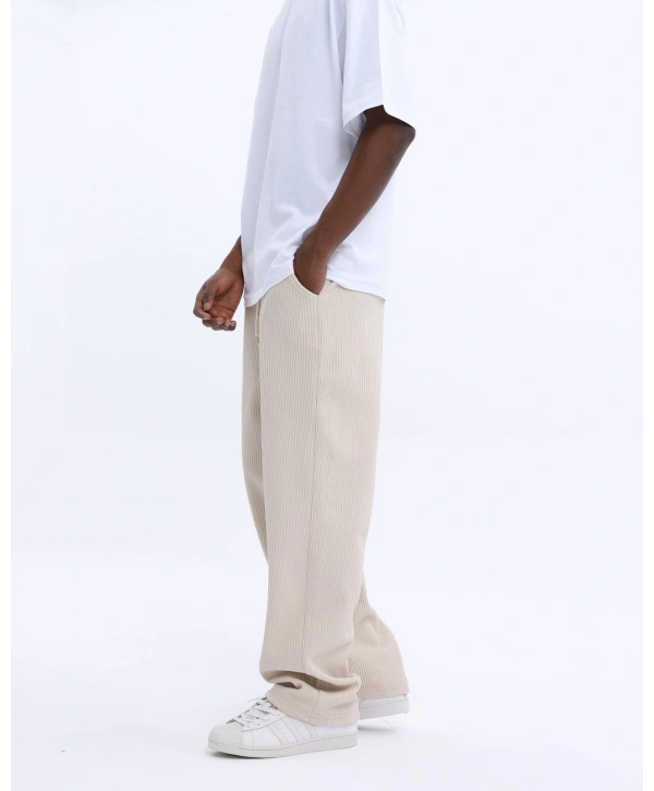 Erkek Fitilli Beli Lastikli Likralı Bagy Pantolon-Krem