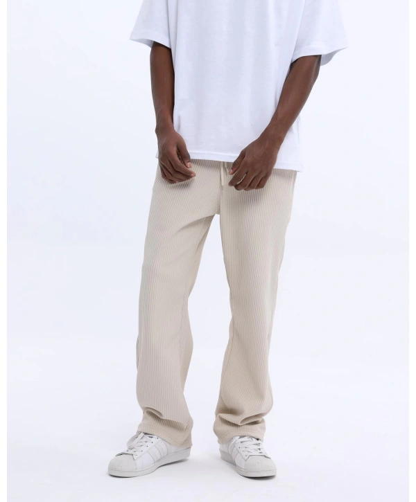 Erkek Fitilli Beli Lastikli Likralı Bagy Pantolon-Krem