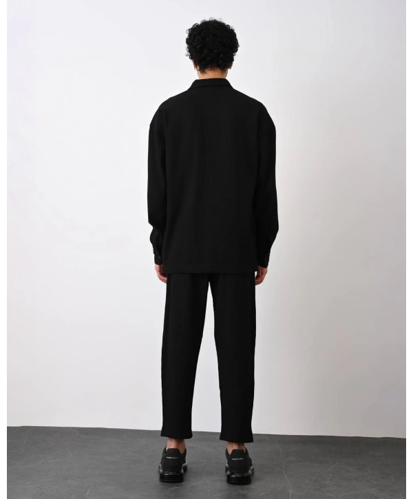 Erkek Fitilli Beli Lastikli Likralı Boy Frend Pantolon-Siyah