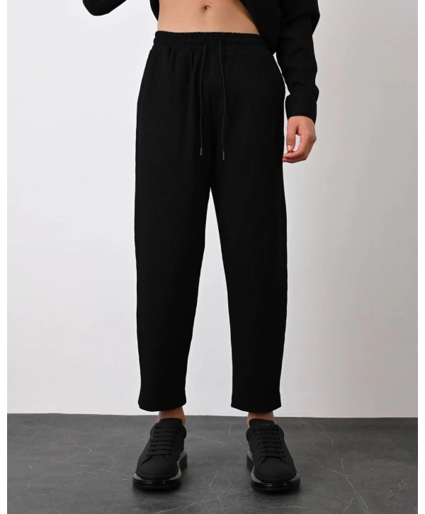 Erkek Fitilli Beli Lastikli Likralı Boy Frend Pantolon-Siyah