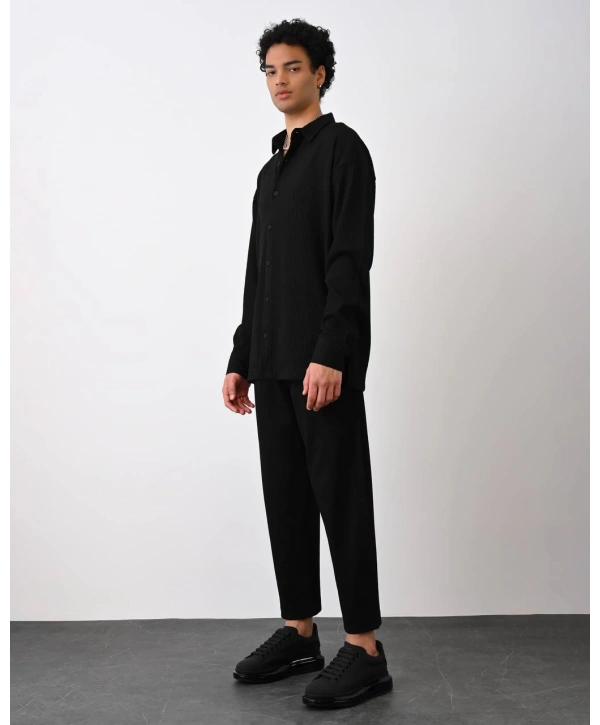 Erkek Fitilli Beli Lastikli Likralı Boy Frend Pantolon-Siyah