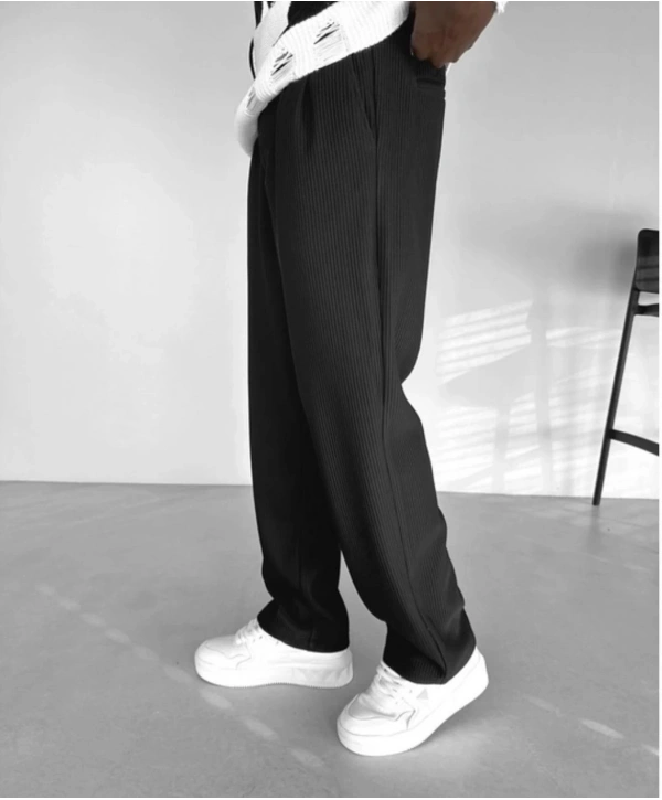 Erkek Fitilli Beli Lastikli Likralı Pileli Bagy Pantolon- Siyah