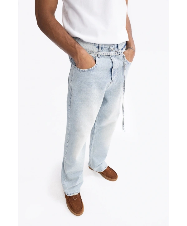 Erkek Geniş Kalıp Baggy Kemerli Kot Pantolon - Mavi