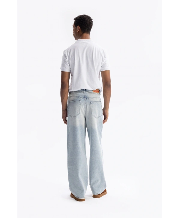 Erkek Geniş Kalıp Baggy Kemerli Kot Pantolon - Mavi