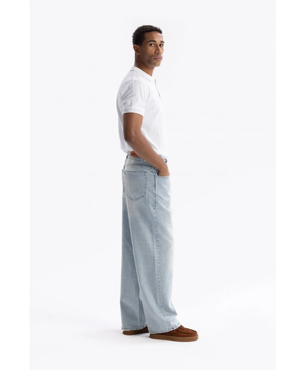 Erkek Geniş Kalıp Baggy Kemerli Kot Pantolon - Mavi