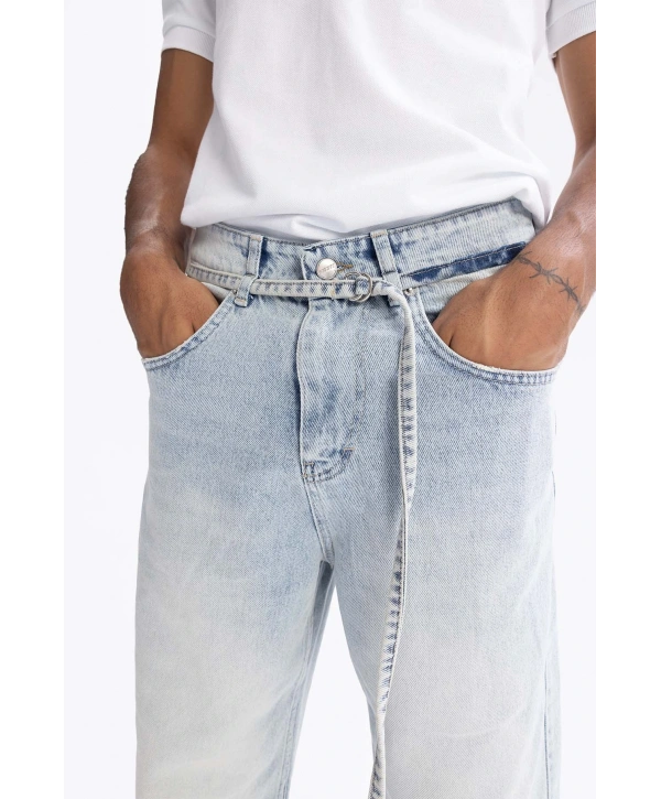 Erkek Geniş Kalıp Baggy Kemerli Kot Pantolon - Mavi